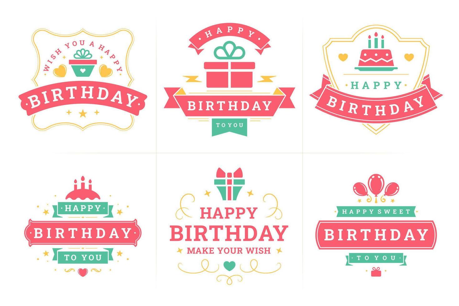 Happy birthday old fashioned label and badge set greeting card congratulations design flat vector