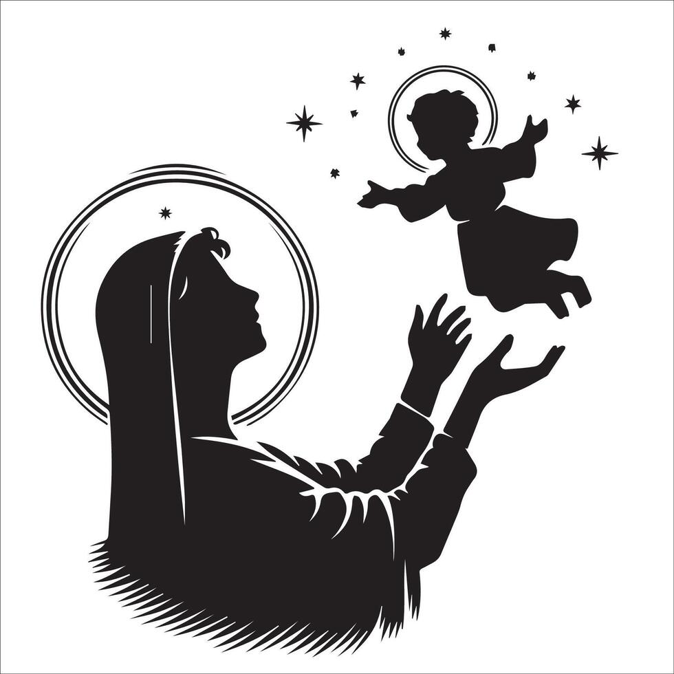 a black and white of Mary and her son vector