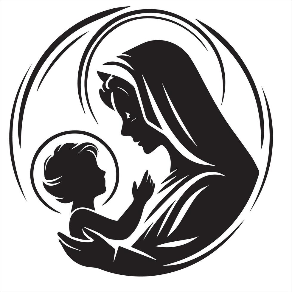 un Virgen María participación un bebé Jesús en negro y blanco vector