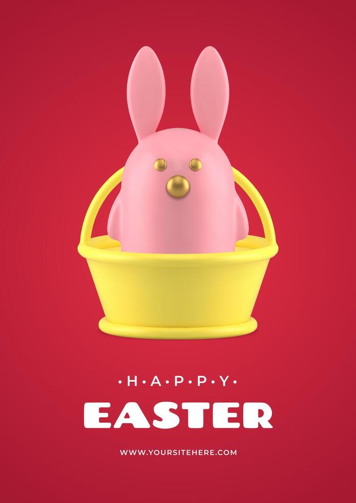 Easter rabbit character bauble in basket 3d greeting card design template realistic illustration vector