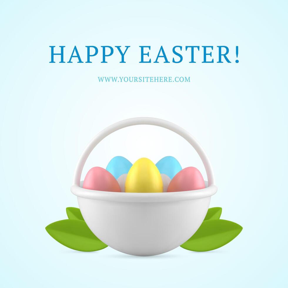 Happy Easter basket full of chicken eggs 3d social media post design template realistic vector