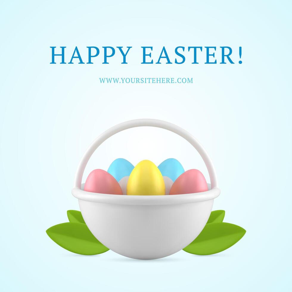 Happy Easter basket full of chicken eggs 3d social media post design template realistic vector