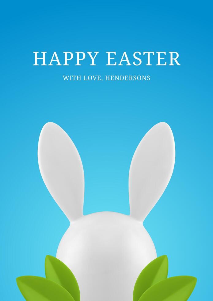 Happy Easter rabbit bauble long ears with green leaves foliage 3d greeting card design template realistic illustration vector