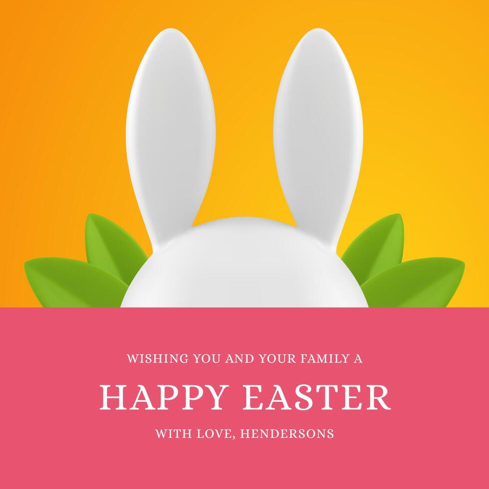 Happy Easter 3d social media post bunny long ears spring leaves design template realistic vector