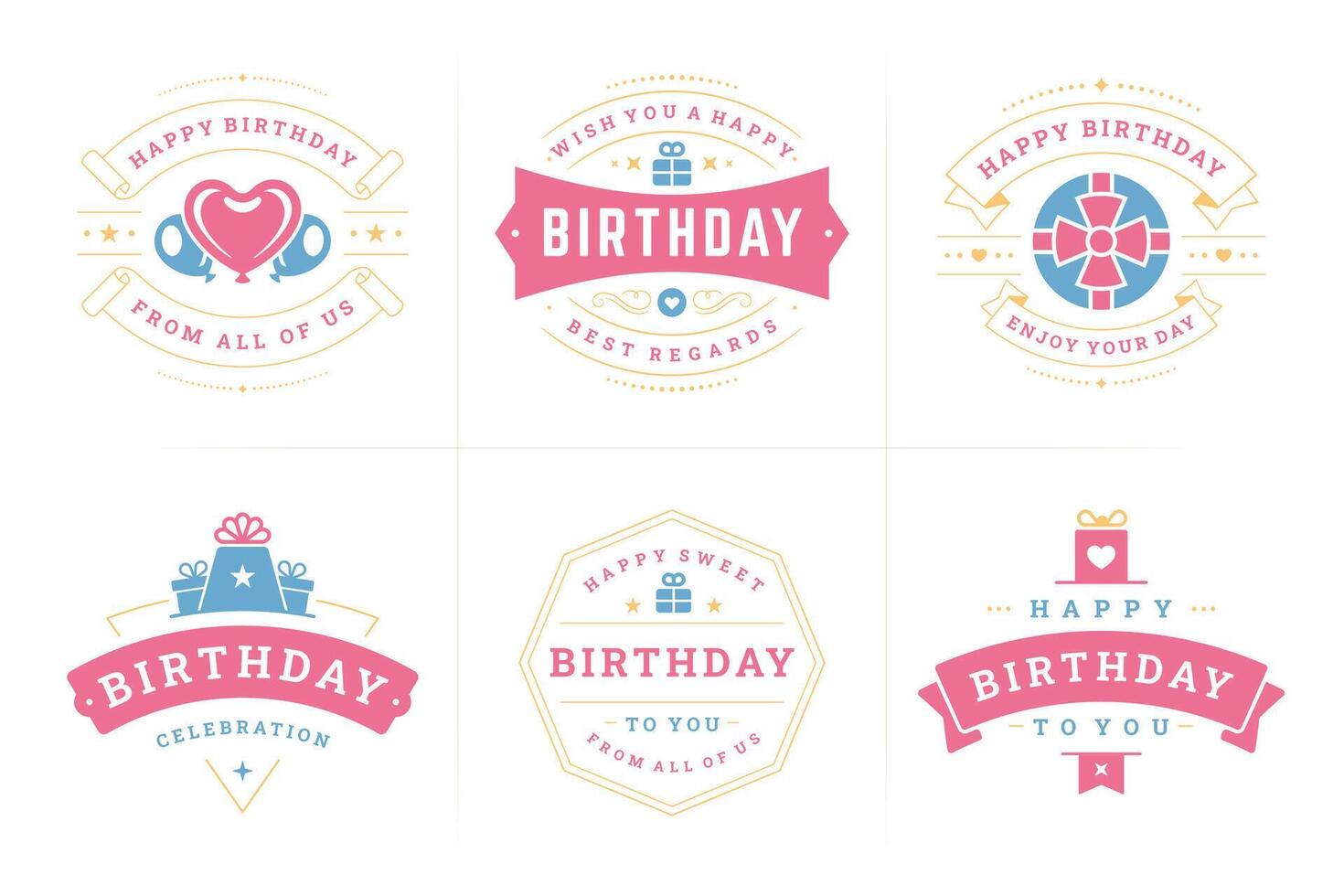 Happy birthday celebration best wishes vintage label badge set for greeting card design flat vector