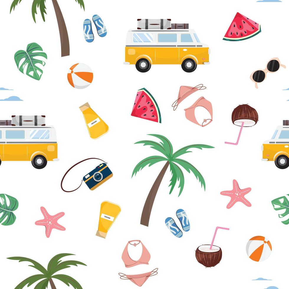 Summer Vacation Seamless Pattern With Travel Tropical Elements And Minivan vector