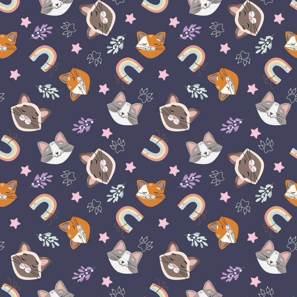 Seamless pattern adorned with adorable cat faces, vibrant rainbows, twinkling stars, delicate leaves, and playful paw prints. Against a soothing purple backdrop vector