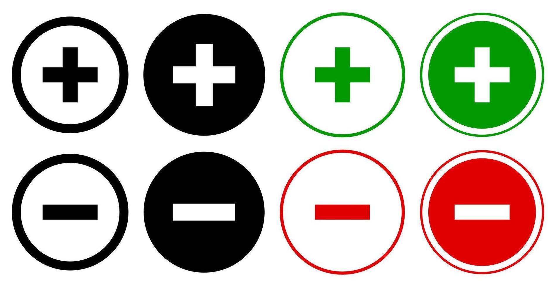 Round plus sign and minus sign icons set. Positive and negative symbols . vector