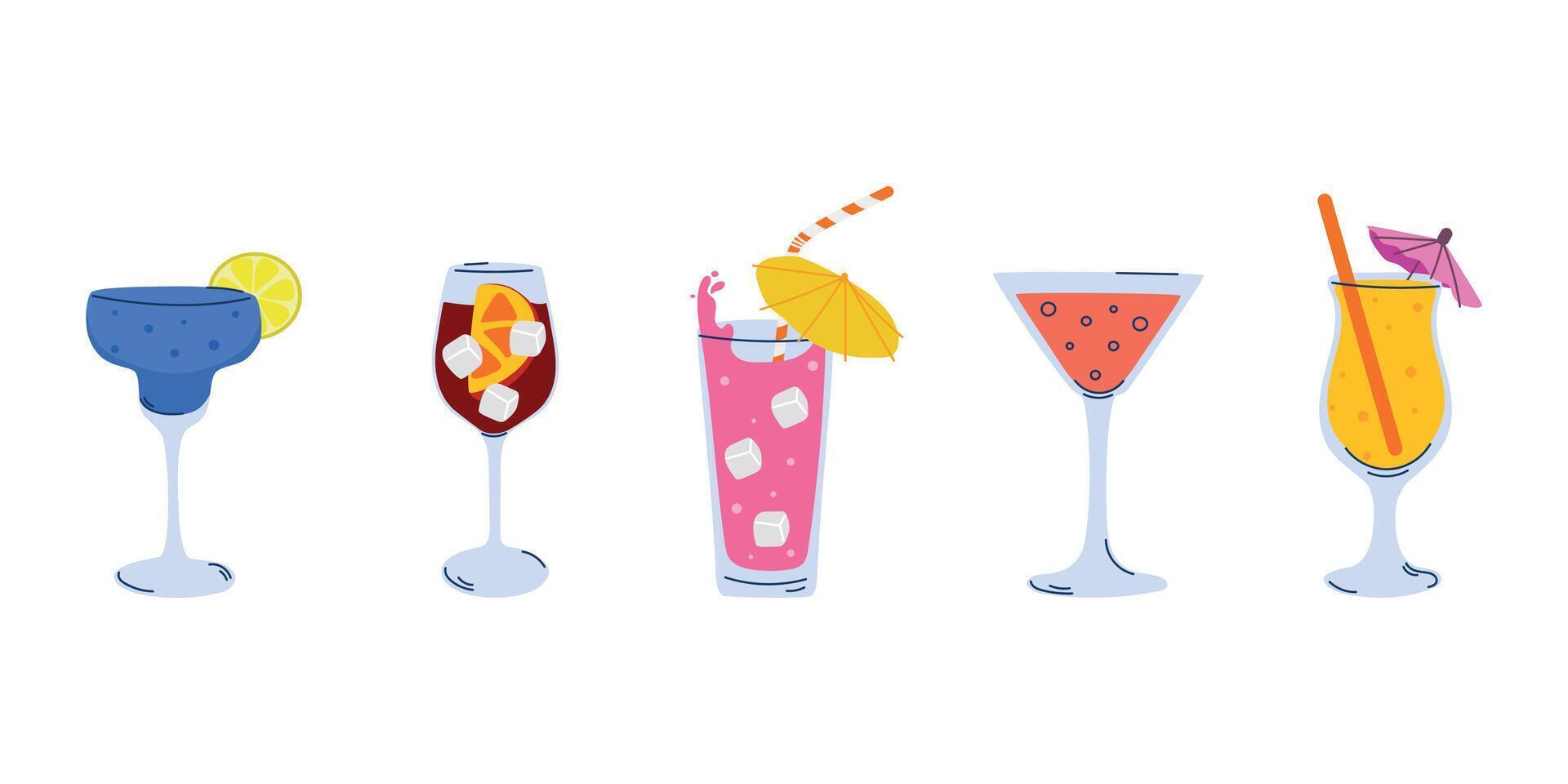 Cocktails set, refreshing cocktails with ice cubes, summer vacation and beach party, cocktails clipart vector