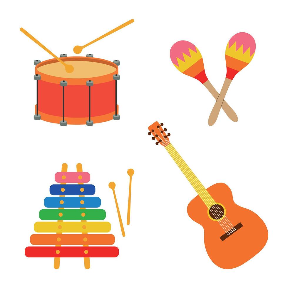 set of baby musical instruments drawn in cartoon style, musical instruments guitar, xylophone, maracas and drum vector