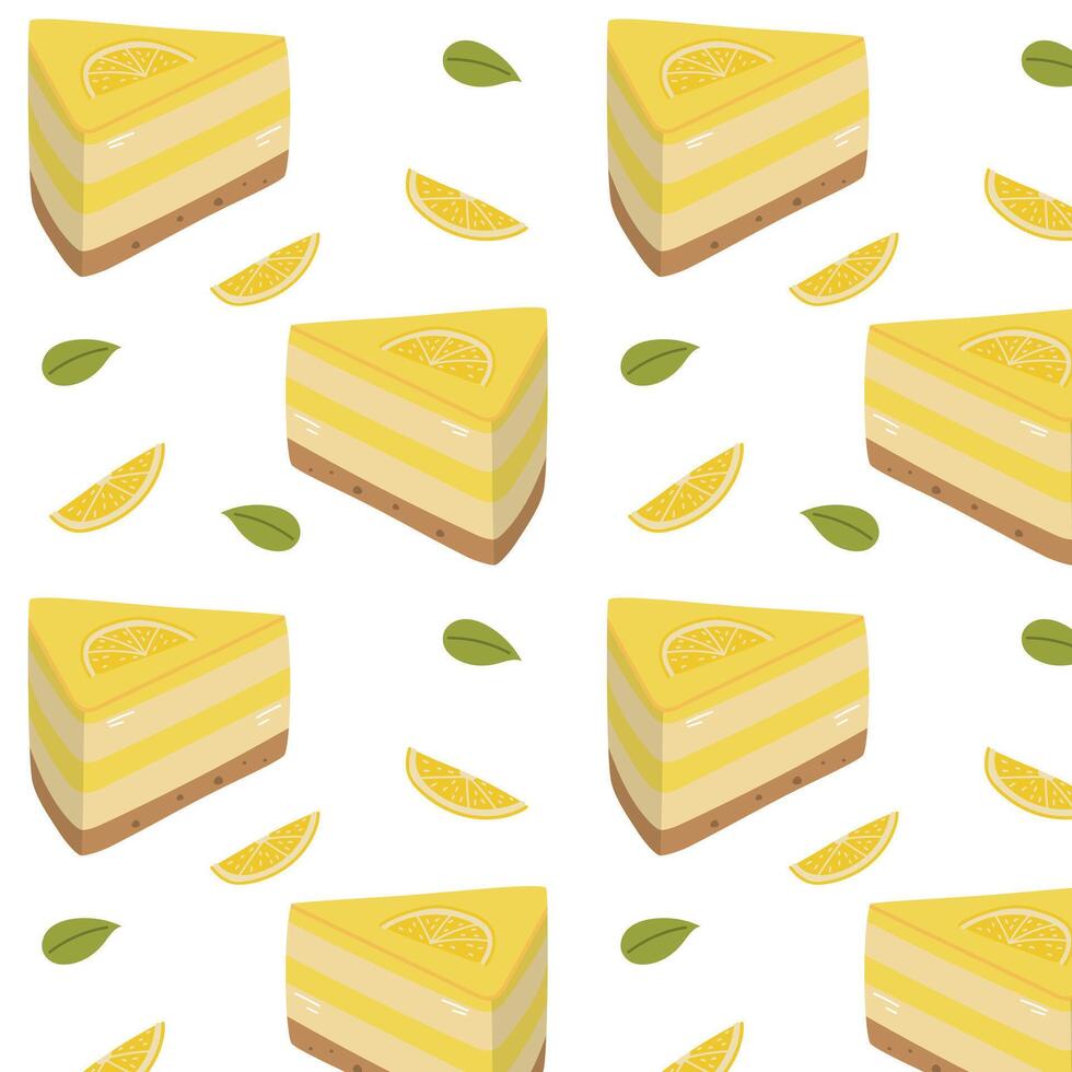 Lemon cake seamless pattern, background, flat style, lemon cheesecake pattern, cake pattern vector