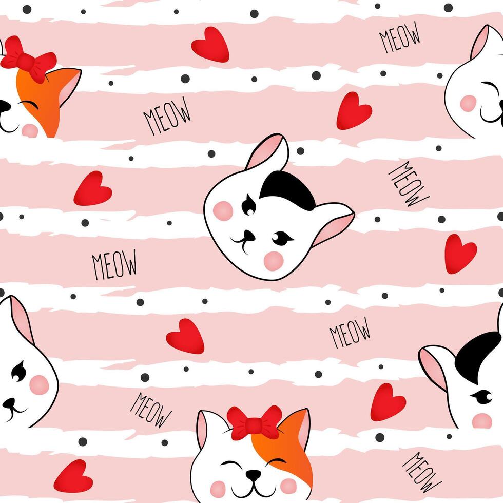 sin costura modelo con muchos diferente rojo y negro y blanco cabezas de gatos en rosado a rayas antecedentes. ilustración para niños. vector