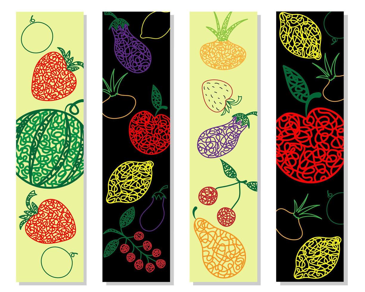 .Set bookmarks with hand drawn watermelon, cherry, apple, pear, lemon, strawberry, eggplant, currant, onion on yellow and black background in childrens naive style. vector