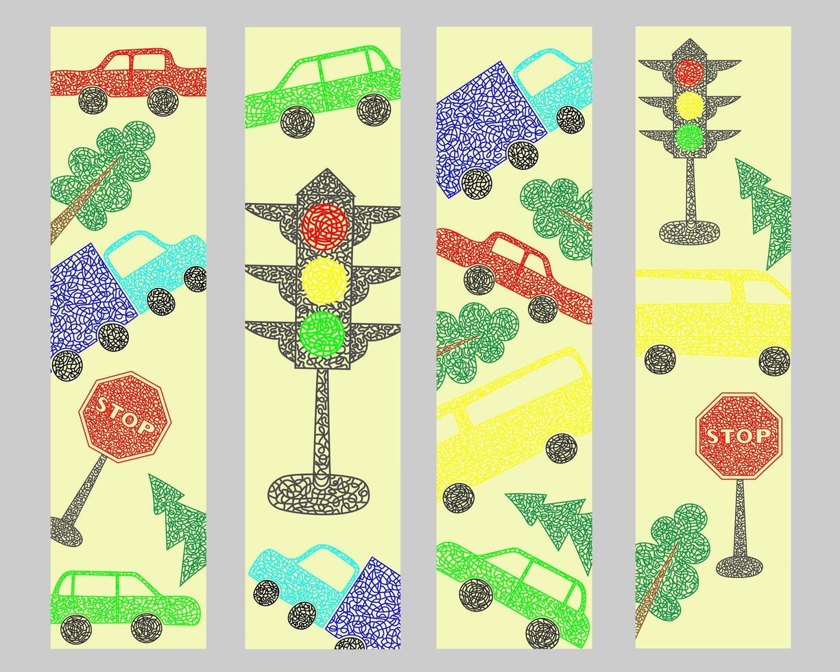 Set bookmarks with hand drawn cars on yellow background in childrens naive style. vector