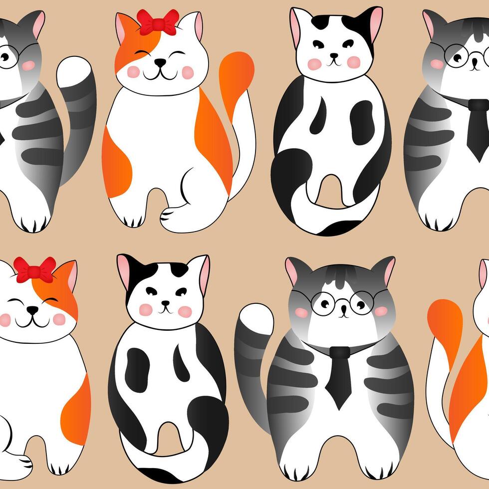 Seamless pattern with cute red and grey cats on beige background. illustration for children. vector