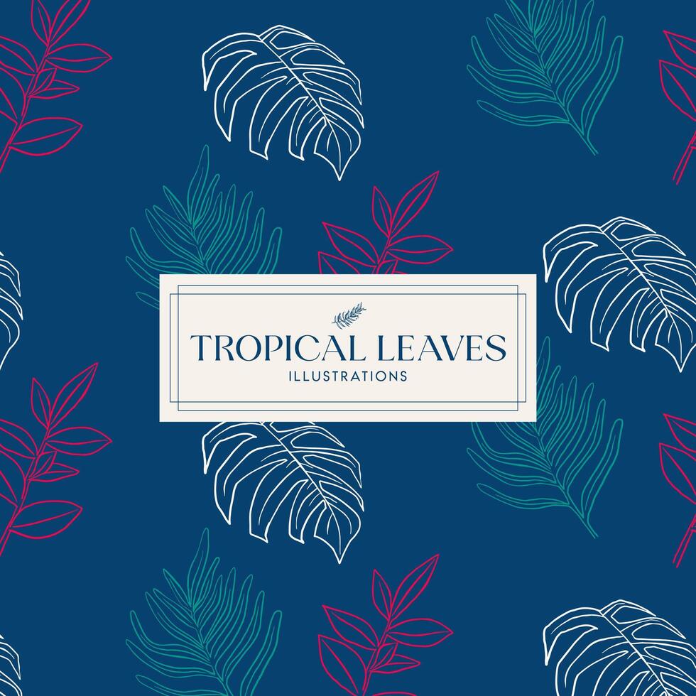 Elegance Blue Hand drawn mono-line floral botanical tropical leave background design vector