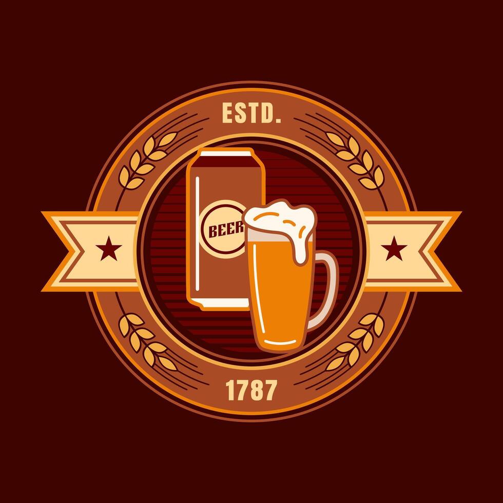 cerveza circular logo en sencillo geométrico estilo con íconos de cerveza poder, taza, cebada Picos, estrellas. oscuro antecedentes. bueno para marca, decoración de comida paquete, cubrir diseño, decorativo huellas dactilares vector