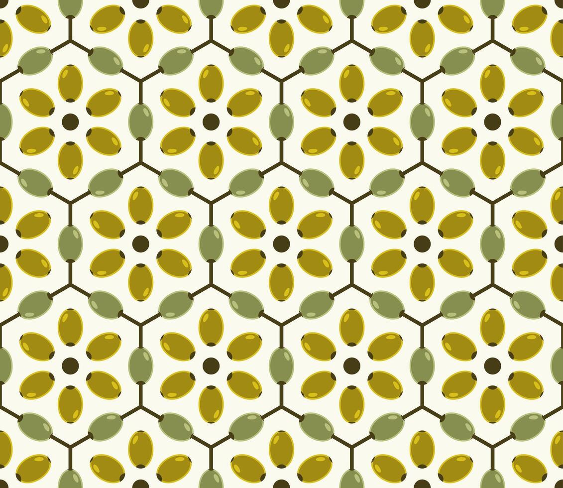 Seamless geometric pattern with green unripe olives in hexagonal grid. Retro simple flat style. Good for branding, decoration of food package, decorative print vector