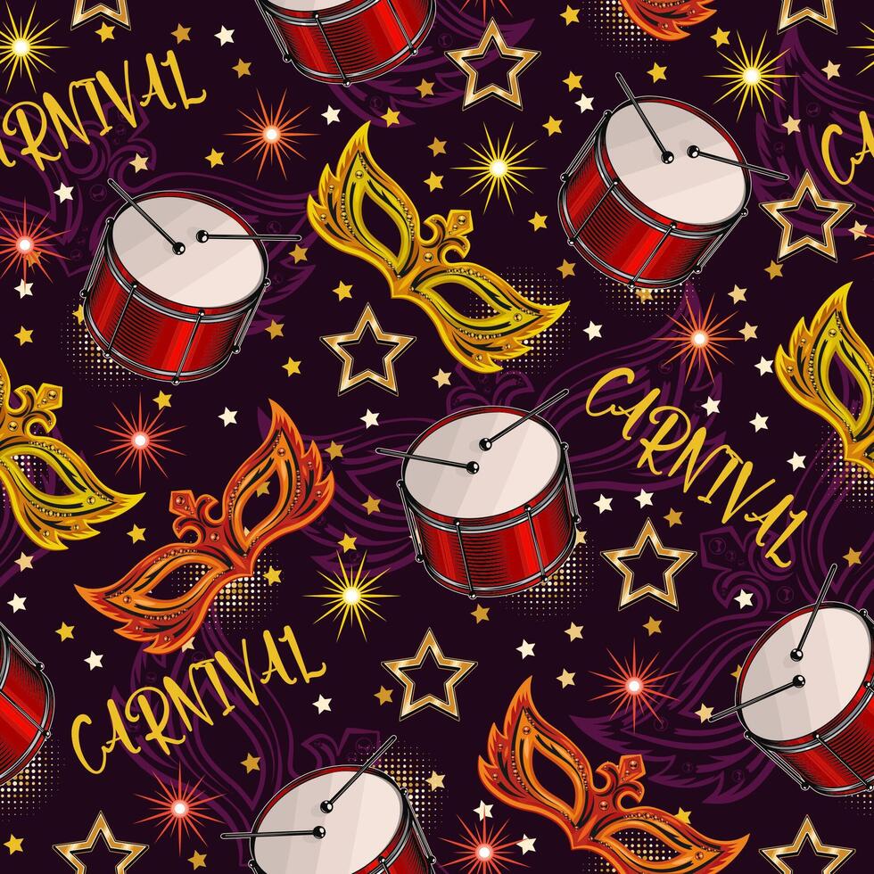 Pattern with carnival mask, drums, stars, text, round halftone shapes. Outline mask behind. Detailed vintage illustration for prints, apparel, clothing, surface design vector