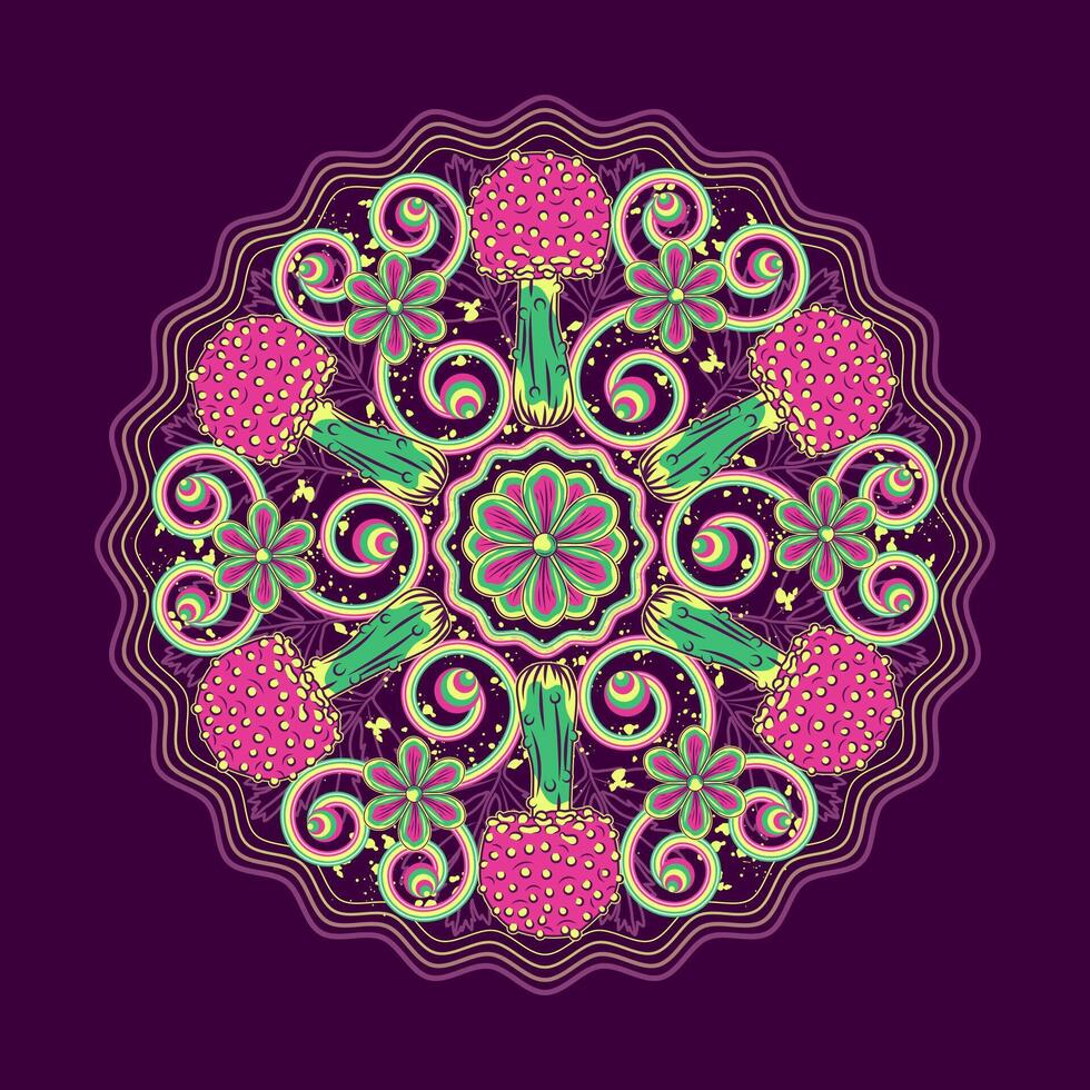 Circular pattern with fantasy mushrooms, chamomiles, wavy lines. Bright unusual nature objects in neon fluorescent colors. For fantasy, groovy, hippie, mystical, surreal design vector