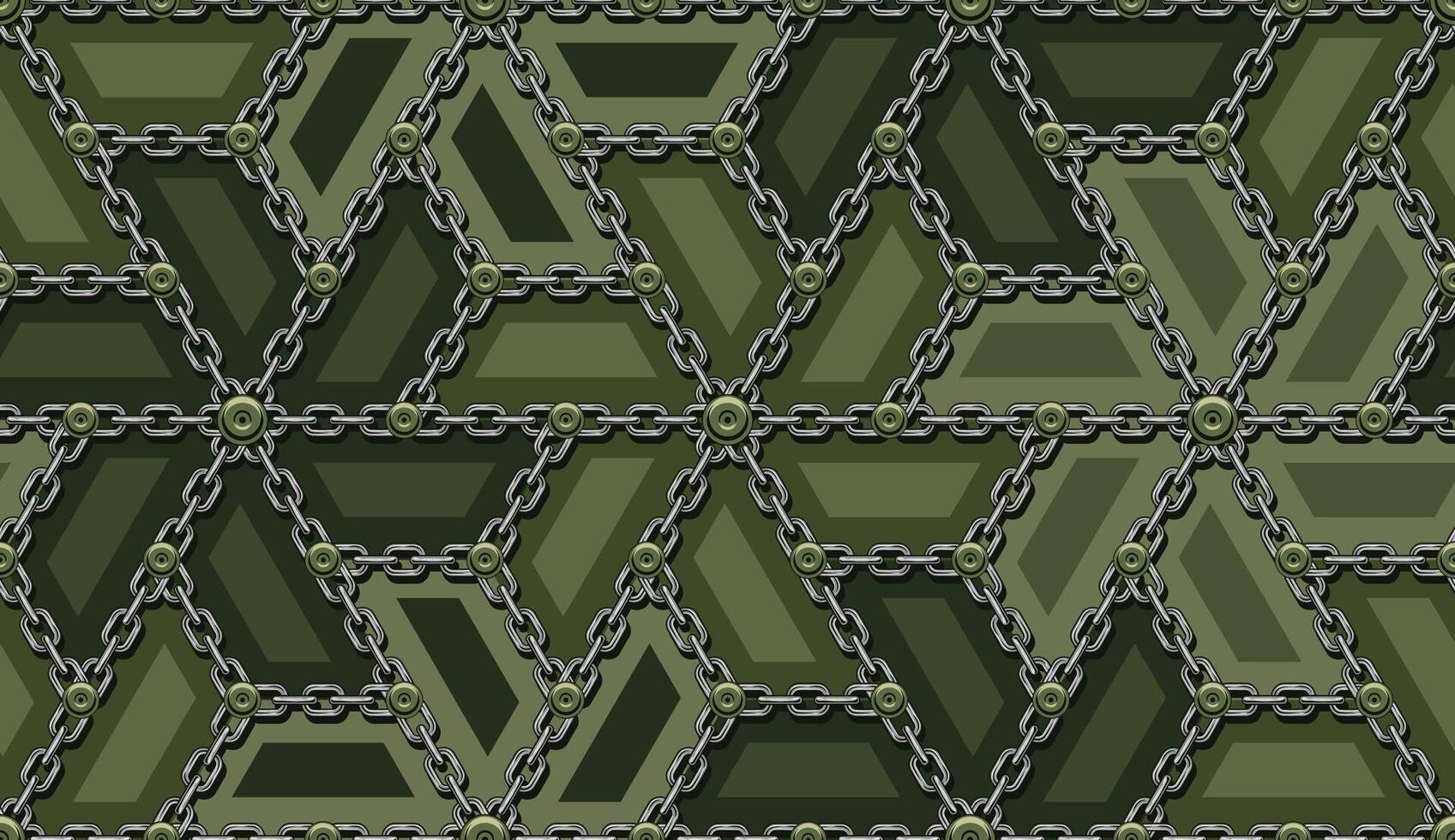 Seamless green camouflage pattern with steel cable chains. Geometric grid with pattern like propeller shape. Classic design. illustration vector
