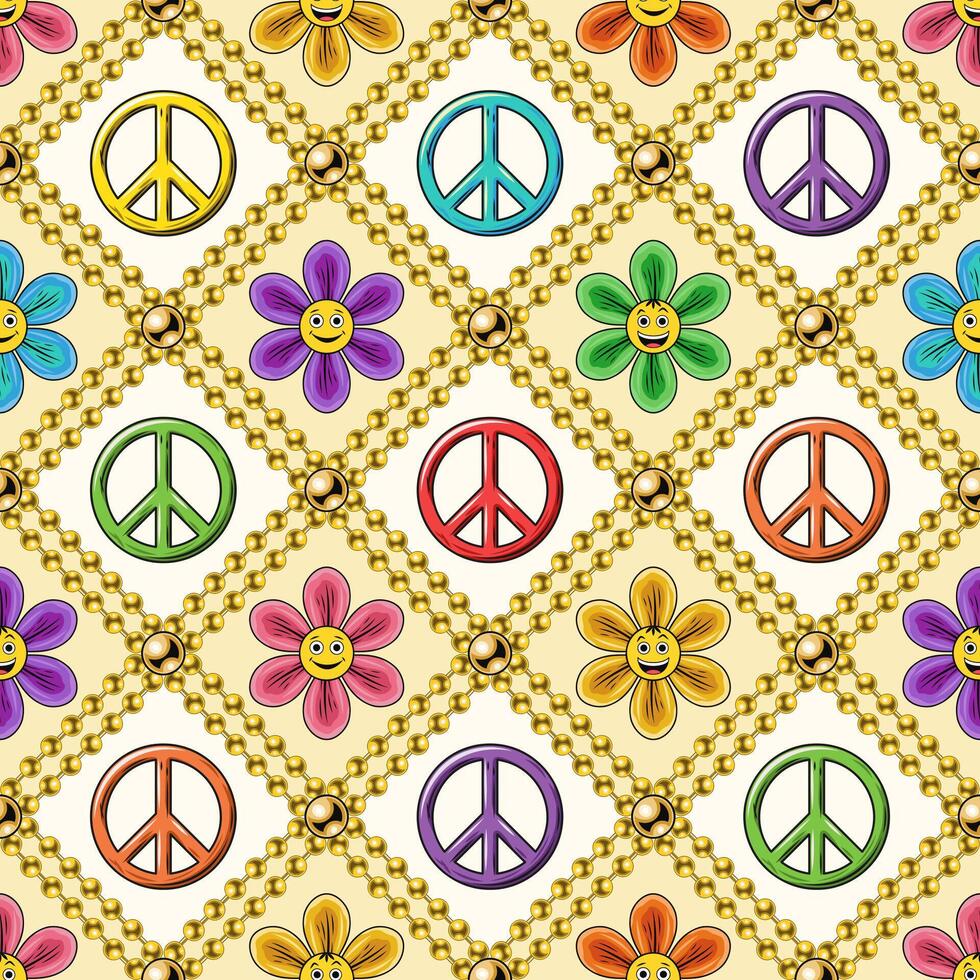 Seamless pattern with chamomile flower, peace sign, beads, emoji. Square geometric grid. Peaceful, positive background in groovy, hippie style. vector