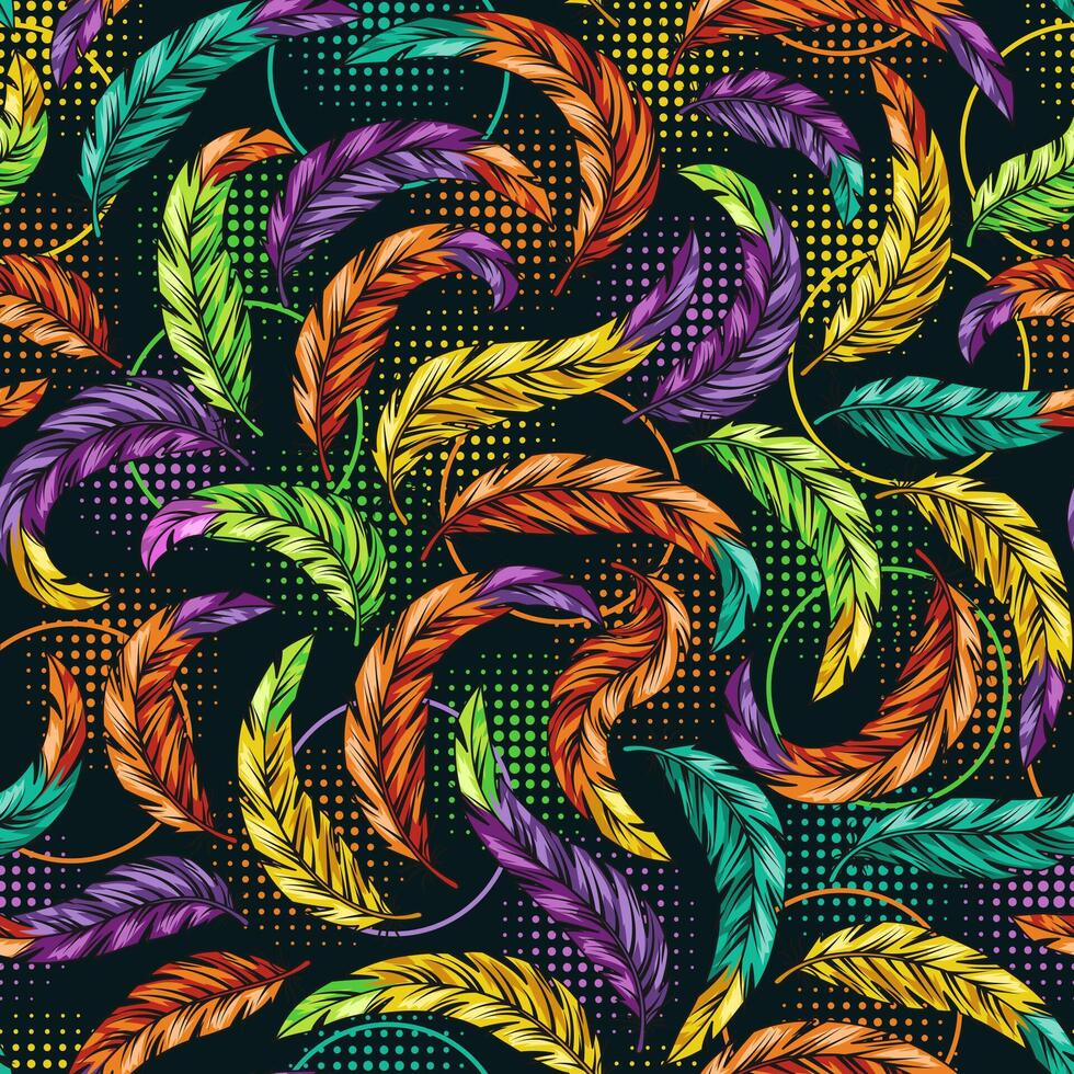 Seamless pattern with wavy bent feathers with colorful tips. Carnival background with circles, round halftone shapes behind. vector