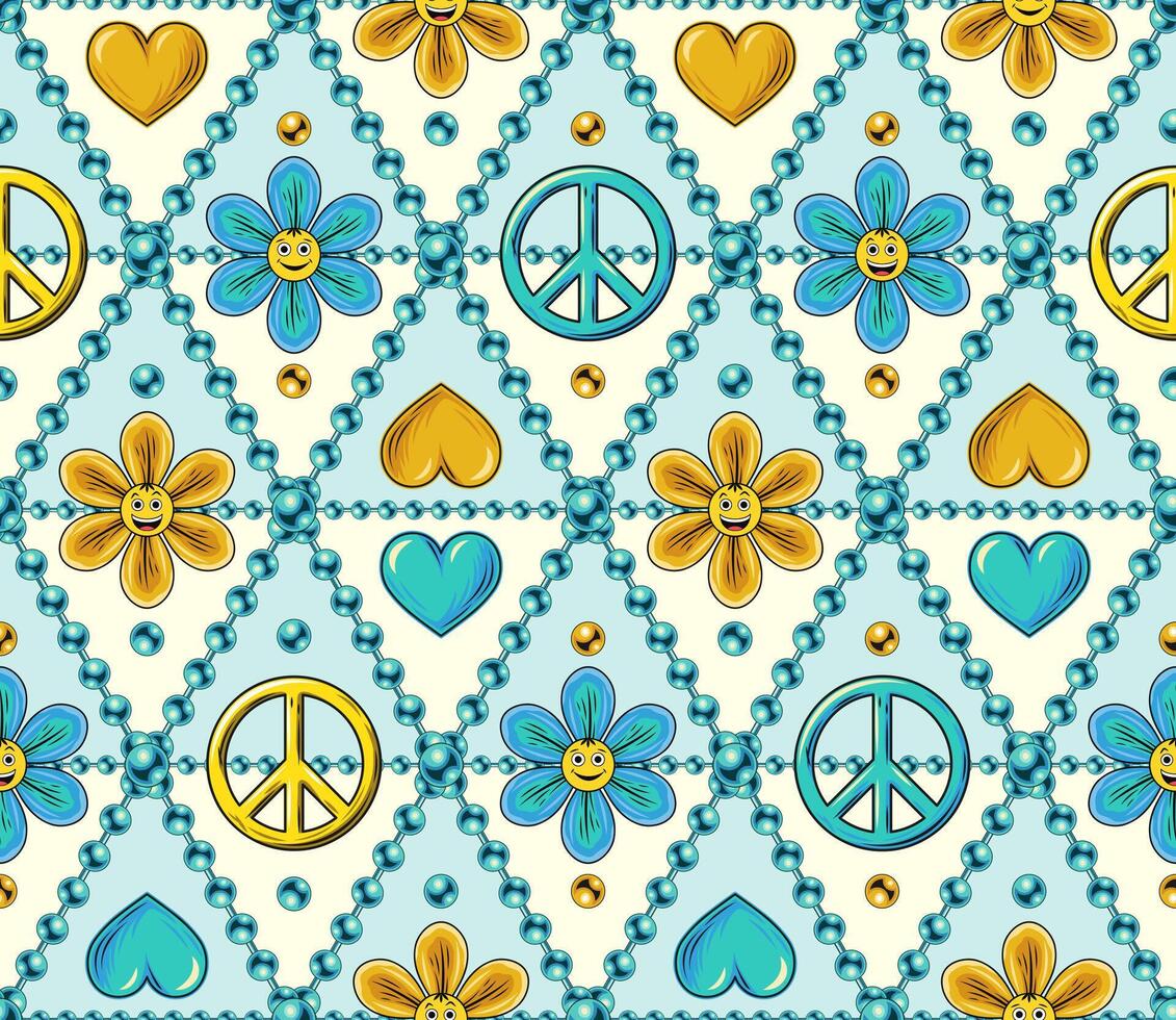 Seamless pattern with chamomile flower, heart, peace sign, beads, emoji. Rhombus geometric grid. Peaceful, positive background in groovy, hippie style. vector