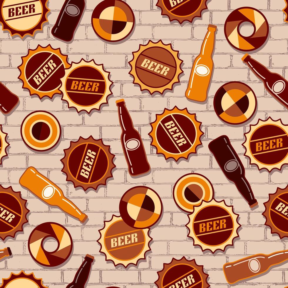 Seamless pattern with scattered icons of beer bottle, bottle caps, circular abstract geometric shapes on grunge brick wall background. Good for branding, decoration of beer package, decorative print. vector