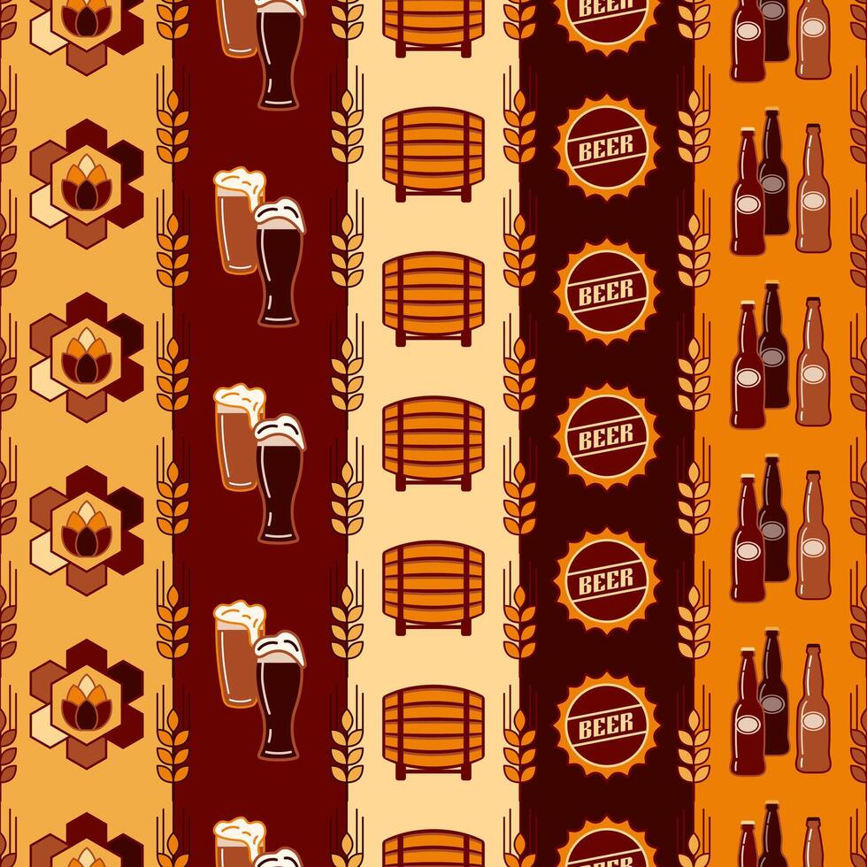 Seamless geometric pattern with icons of beer cans, barrel, glasses, bottle cap. Vertical striped background. Good for branding, decoration of beer package, cover design, decorative print. vector