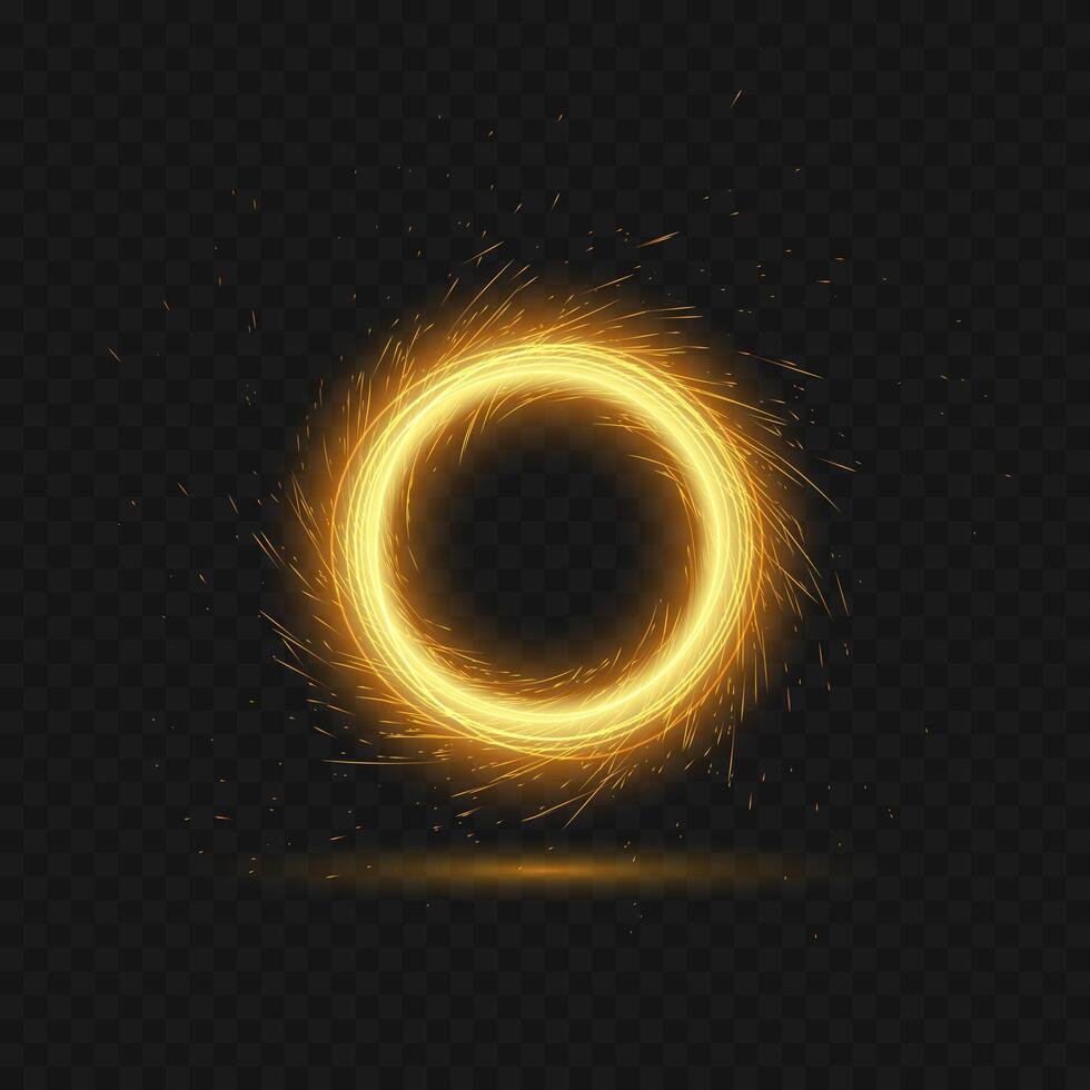 illustration of bright fiery magical portal with reflection, glowing lights in shape of sparkling circle on dark transparent background. Round frame template. Glow trail effect, sparks, fire vector