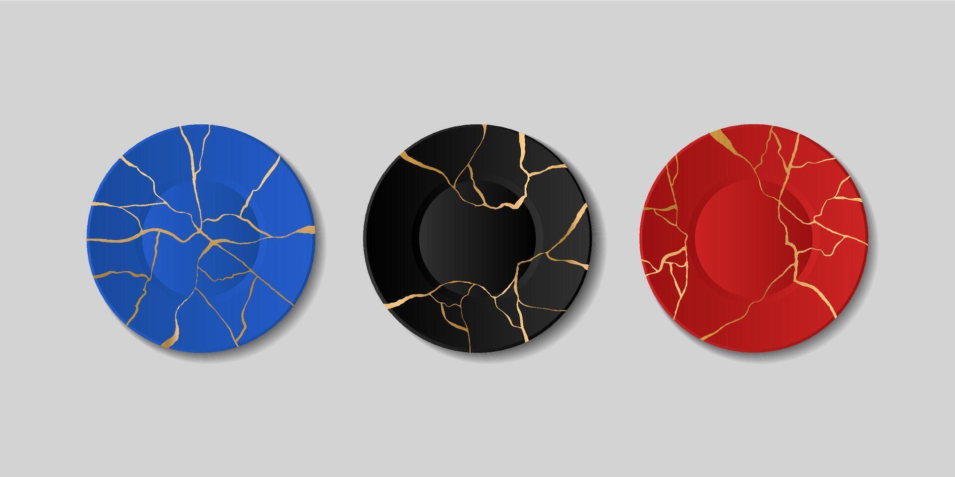 Kintsugi plates, broken plates with golden cracks, japanese art of repair. Repairing cracked pottery with gold, marble pattern plate set. Black and blue and red tableware. vector