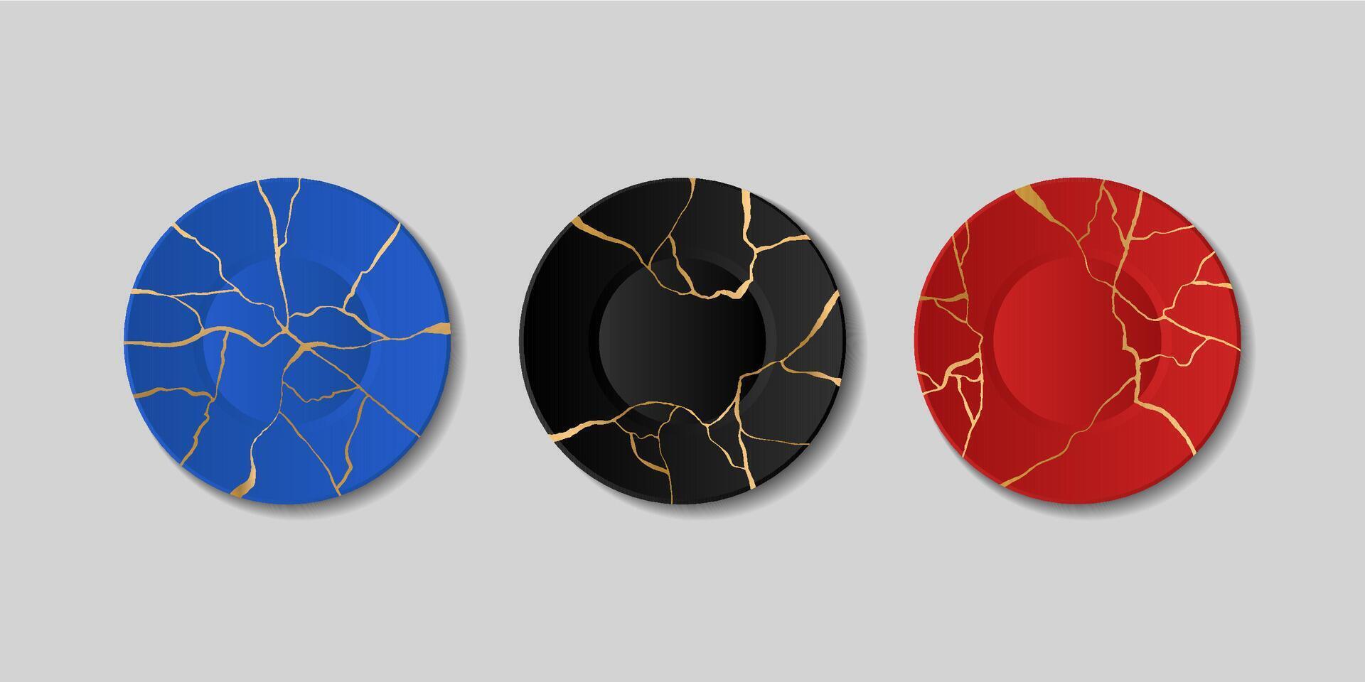 kintsugi platos, roto platos con dorado grietas, japonés Arte de reparar. reparando agrietado cerámica con oro, mármol modelo plato colocar. negro y azul y rojo vajilla. vector