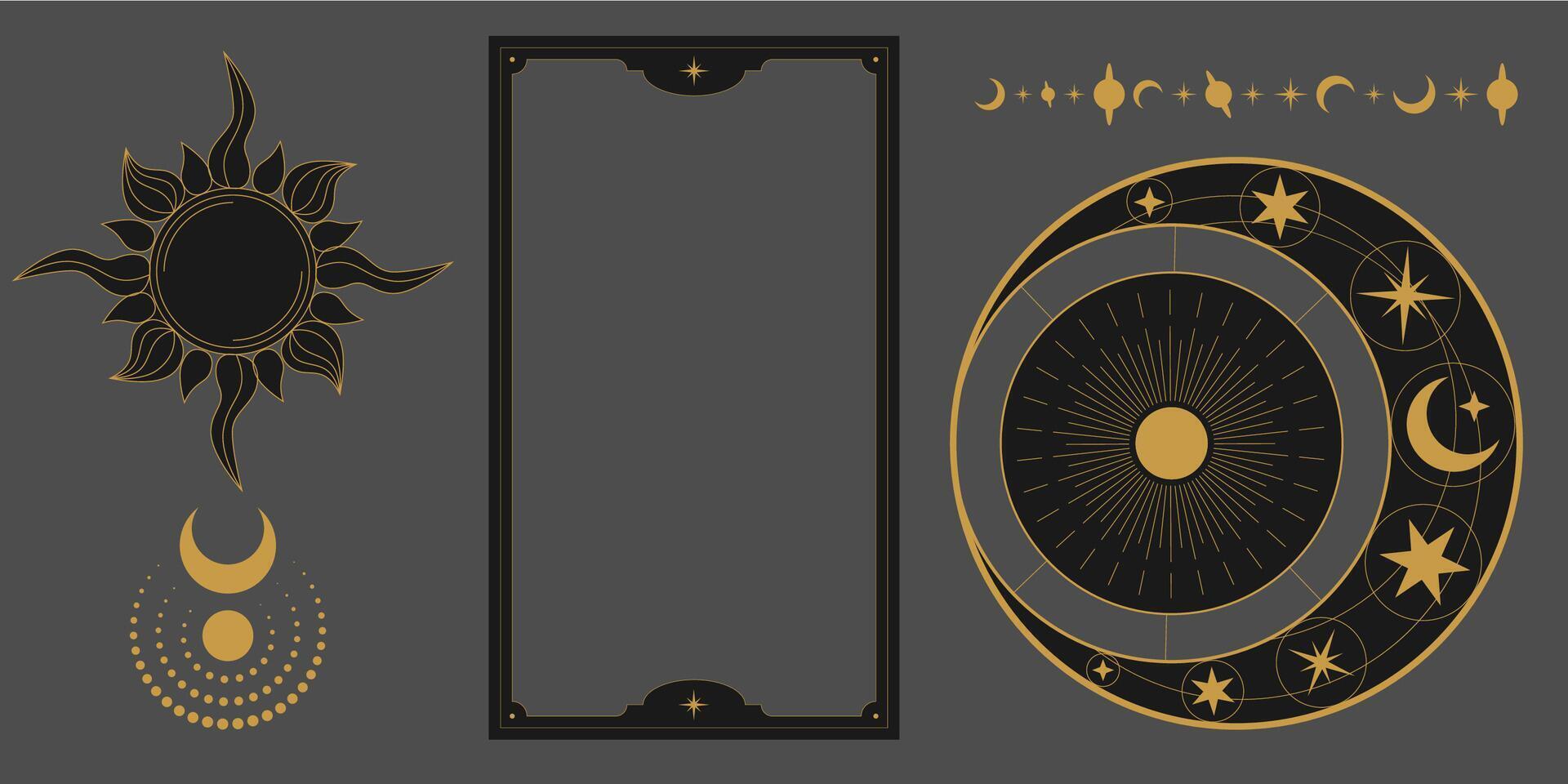 mystic celestial set a with golden outline sun, stars, crescents and moon phases. Black occult shiny linear labels with a magical frame stylized as engraving vector