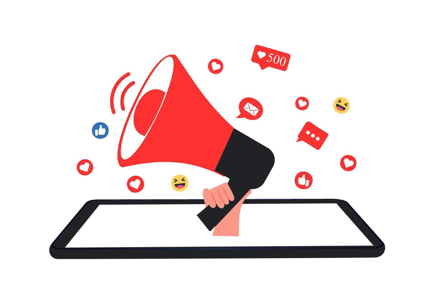 Hand holding loud speaker with social media icons. Influencer social media marketing, vlogger, youtuber, social influencer and influencer marketing concept vector