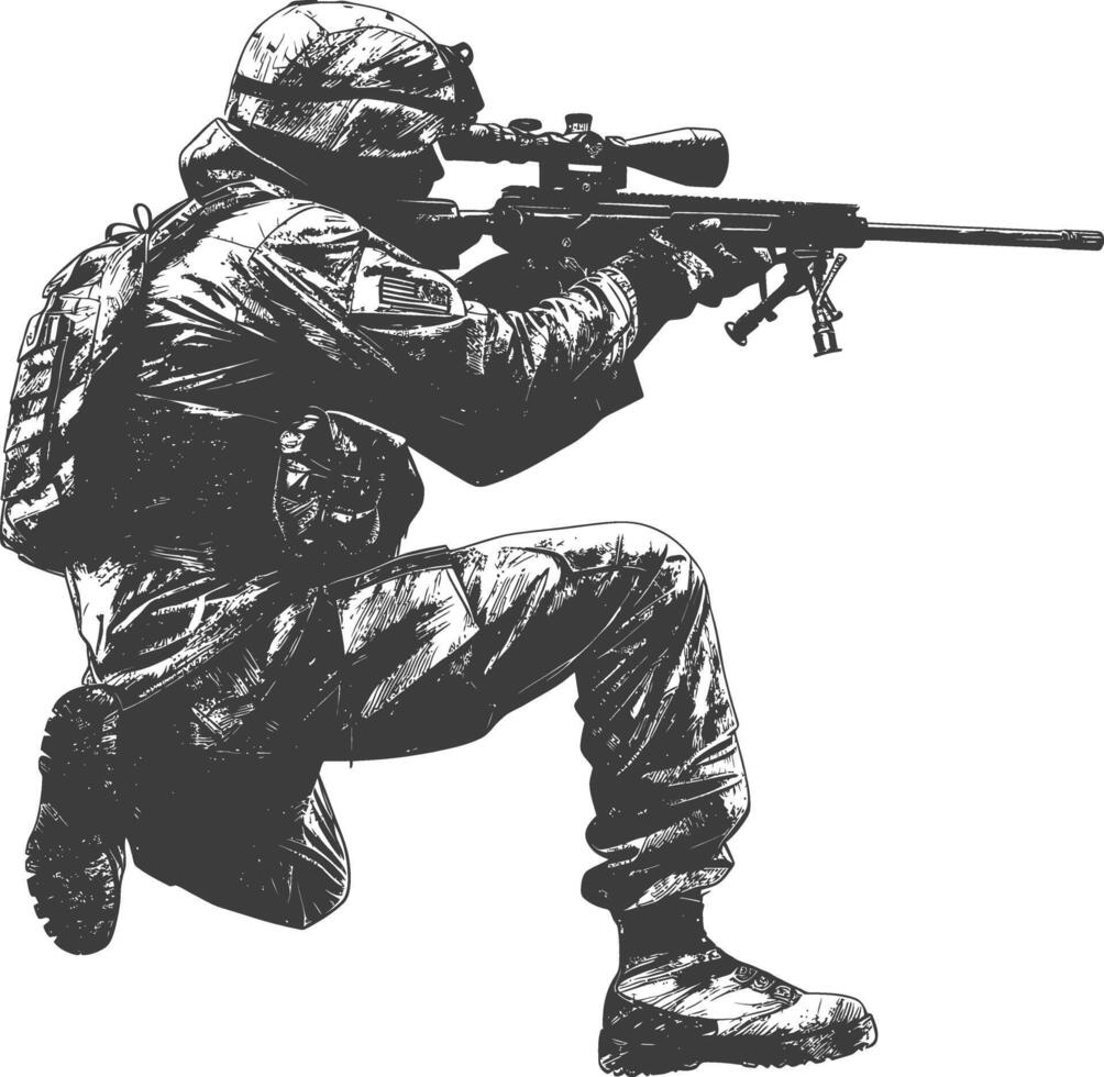 sniper army soldier in action full body image using Old engraving style vector