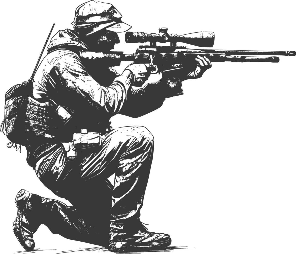 sniper army soldier in action full body image using Old engraving style vector