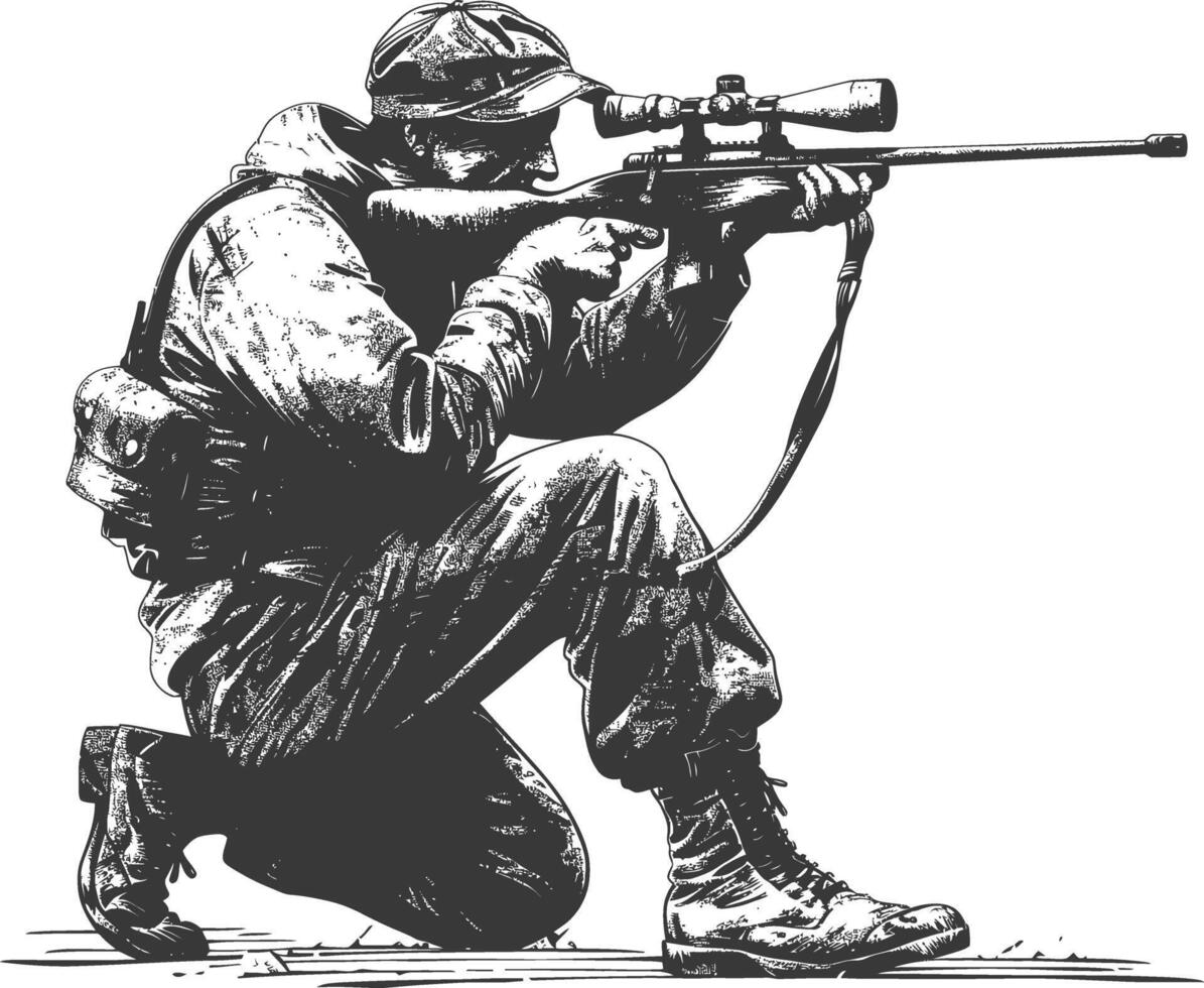 sniper army soldier in action full body image using Old engraving style vector