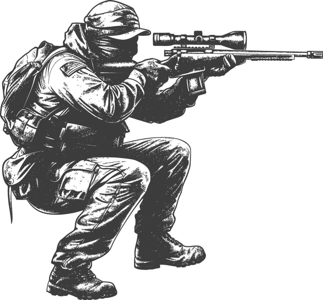 sniper army soldier in action full body image using Old engraving style vector