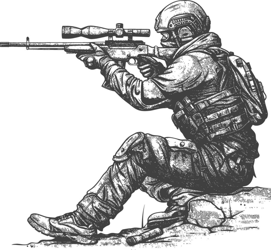 sniper army soldier in action full body image using Old engraving style vector