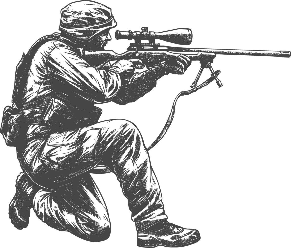 sniper army soldier in action full body image using Old engraving style vector