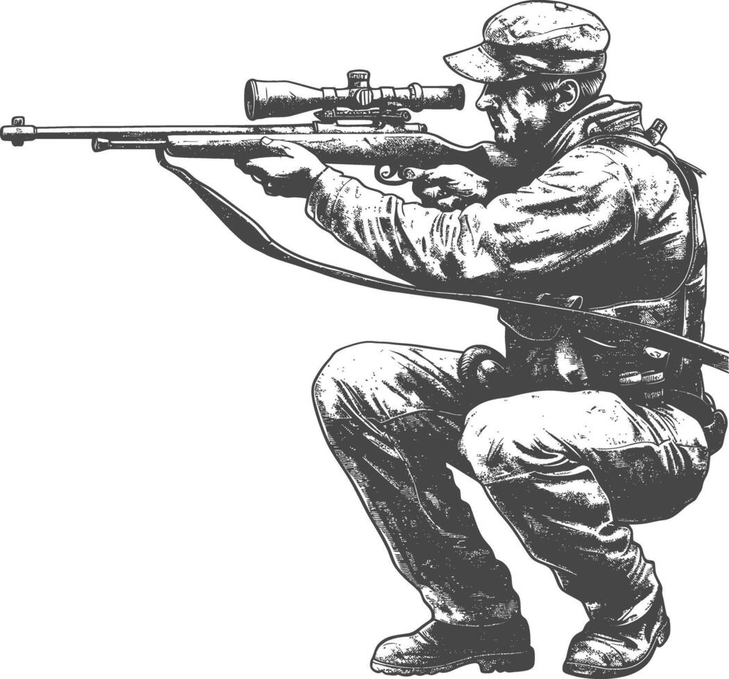 sniper army soldier in action full body image using Old engraving style vector