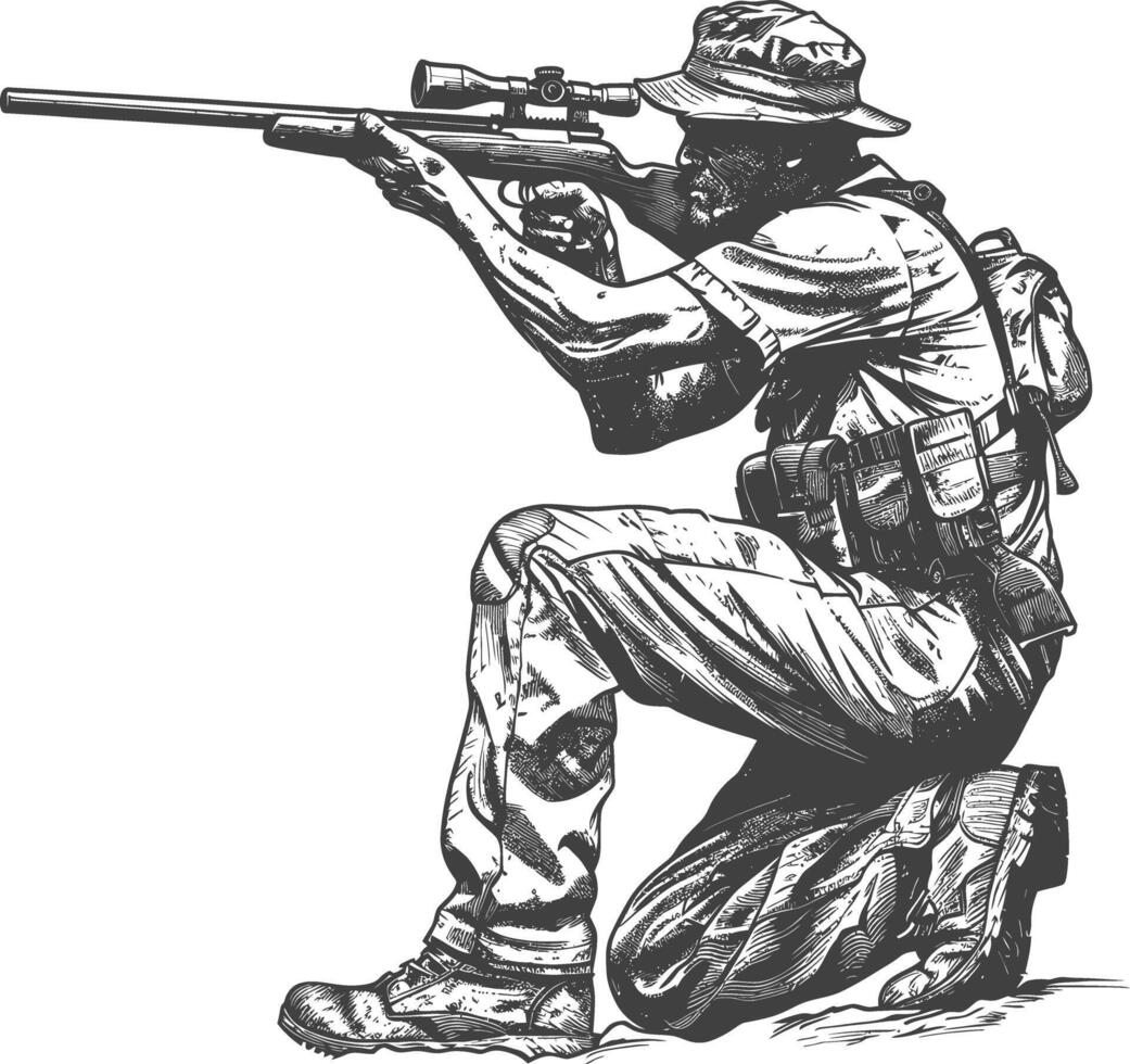 sniper army soldier in action full body image using Old engraving style vector