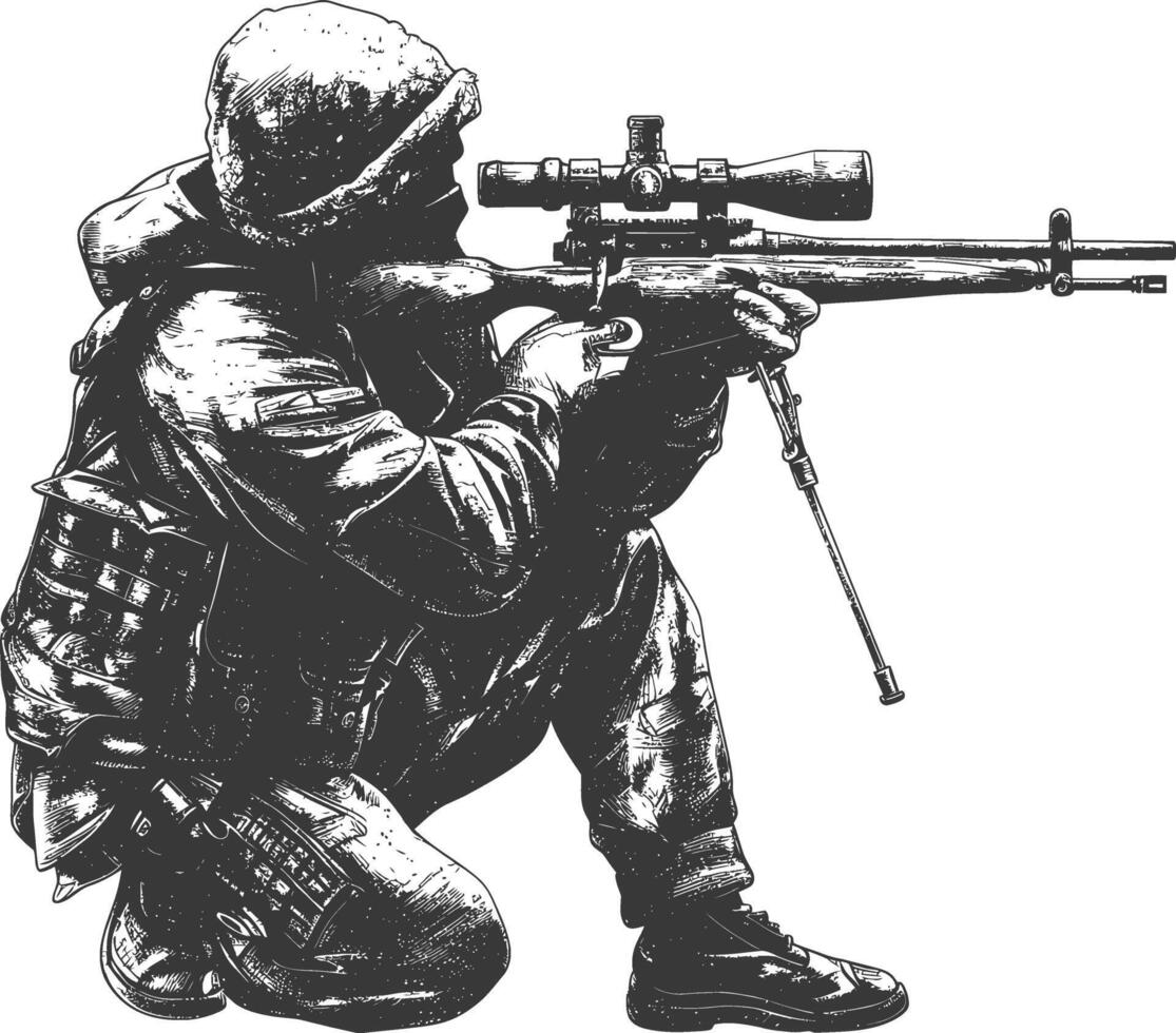 sniper army soldier in action full body image using Old engraving style vector