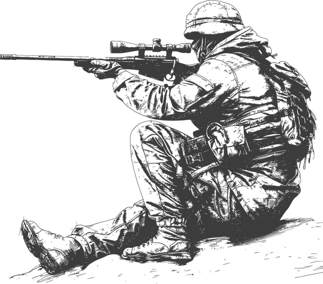 sniper army soldier in action full body image using Old engraving style vector