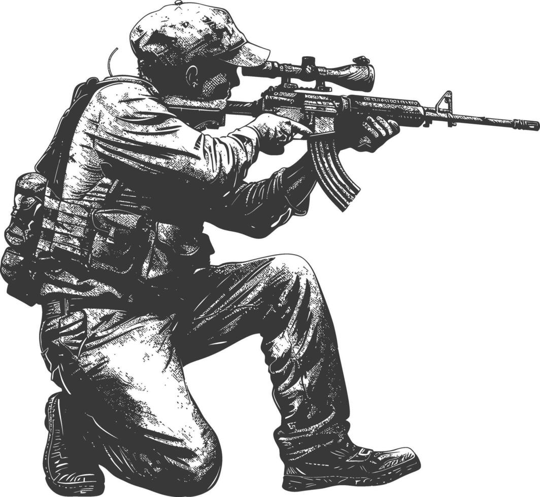 sniper army soldier in action full body image using Old engraving style vector