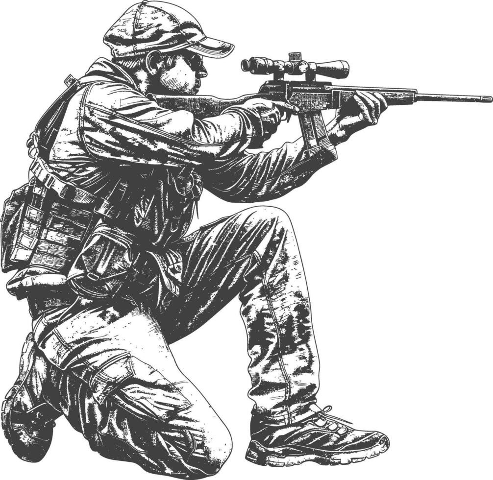 sniper army soldier in action full body image using Old engraving style vector