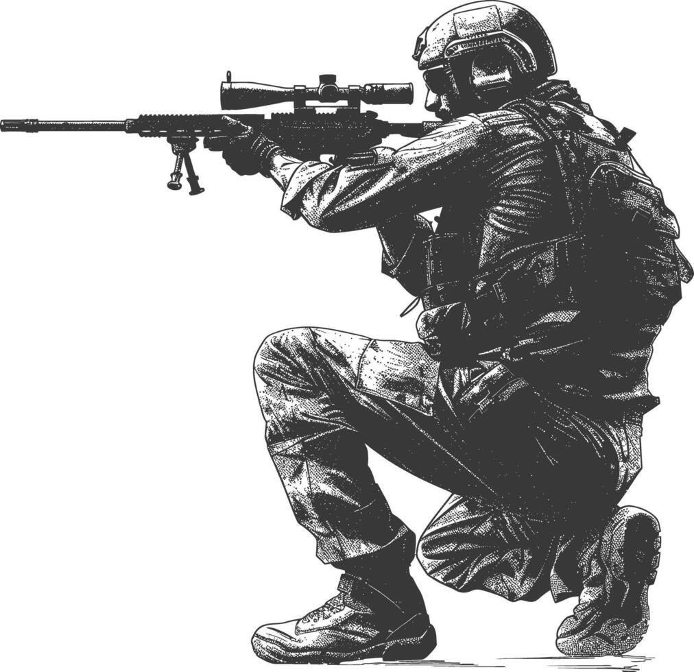 sniper army soldier in action full body image using Old engraving style vector