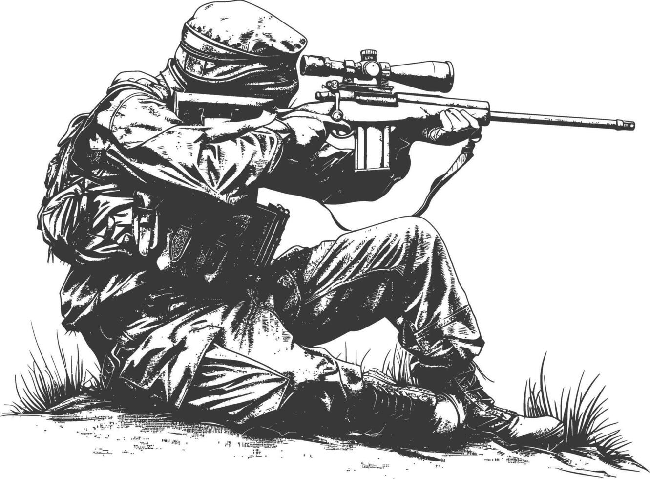 sniper army soldier in action full body image using Old engraving style vector