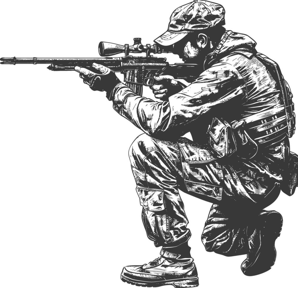 sniper army soldier in action full body image using Old engraving style vector